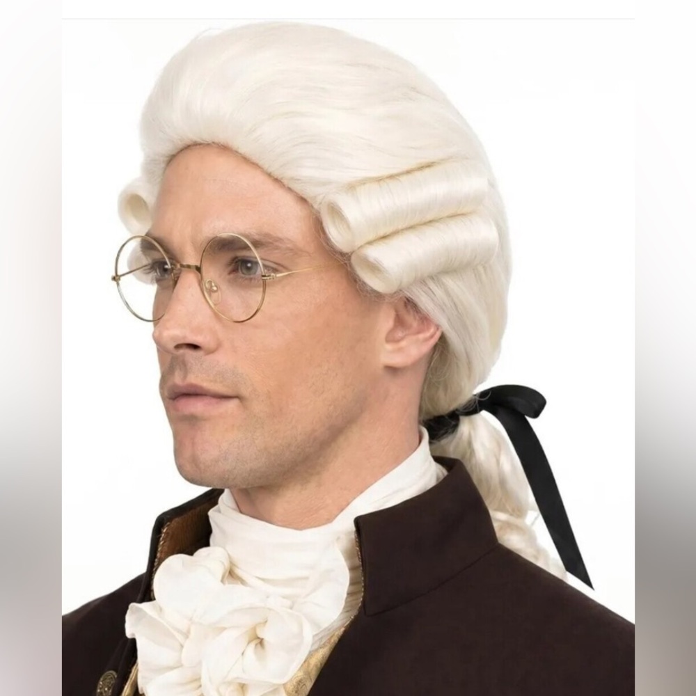 Mens Judge Colonial Wig with Glasses Long Blonde Powdered Wavy Wig Costume Cospl